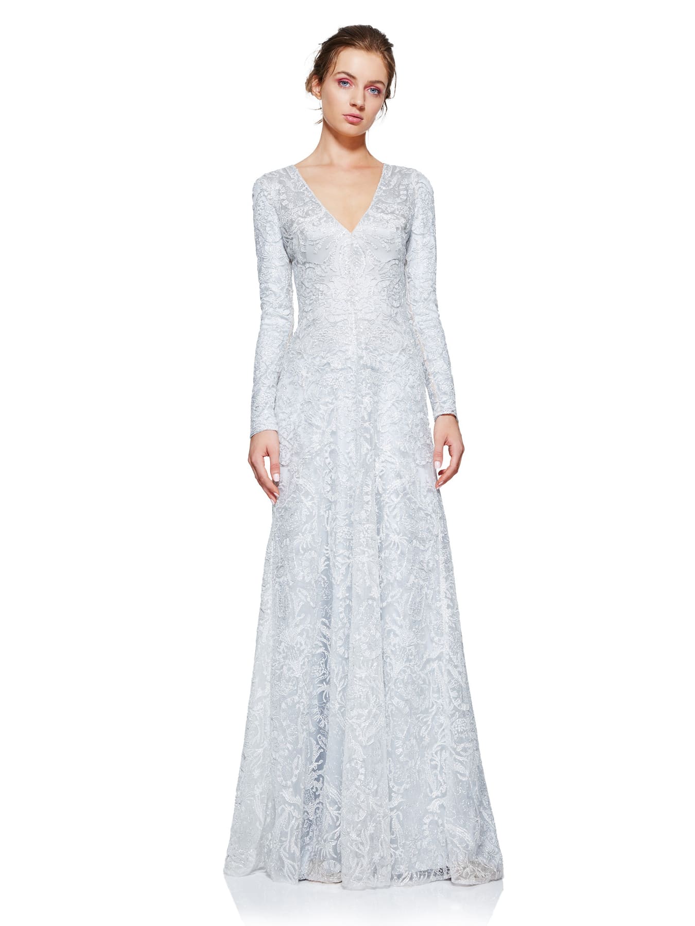 Вечернее платье Tadashi Shoji SILVER — вышивка по всей длине, длинный рукав, V-образный вырез