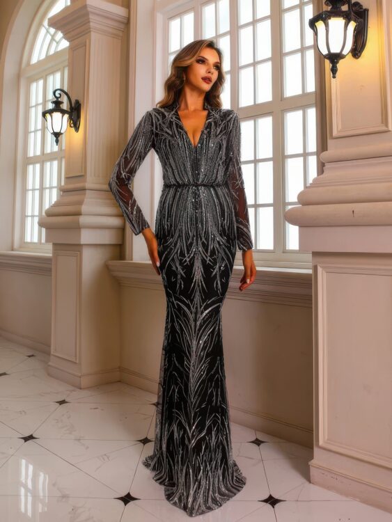 Вечернее платье Terani Couture 251gl4311 — силуэт труба, пайетки и бисер, шлейф