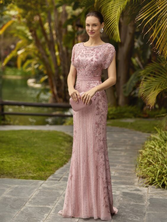 Вечернее платье Rosa Clara 1U11 — пыльно-розовый тюль, вышивка бисером, шлейф